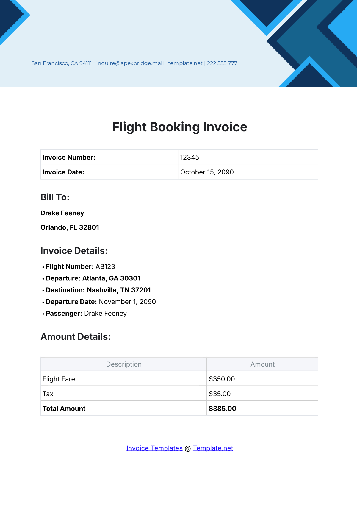 Flight Booking Invoice Template - Edit Online & Download