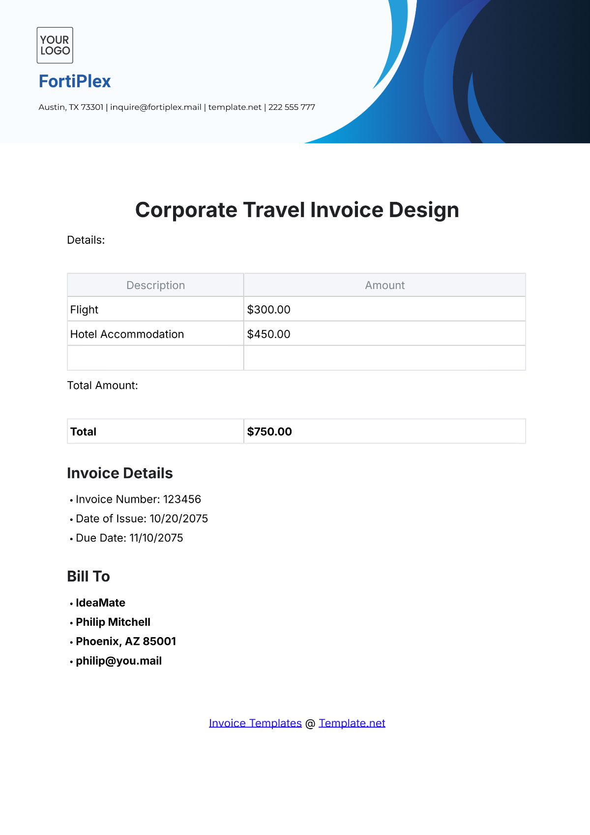 Corporate Travel Invoice Design Template - Edit Online & Download