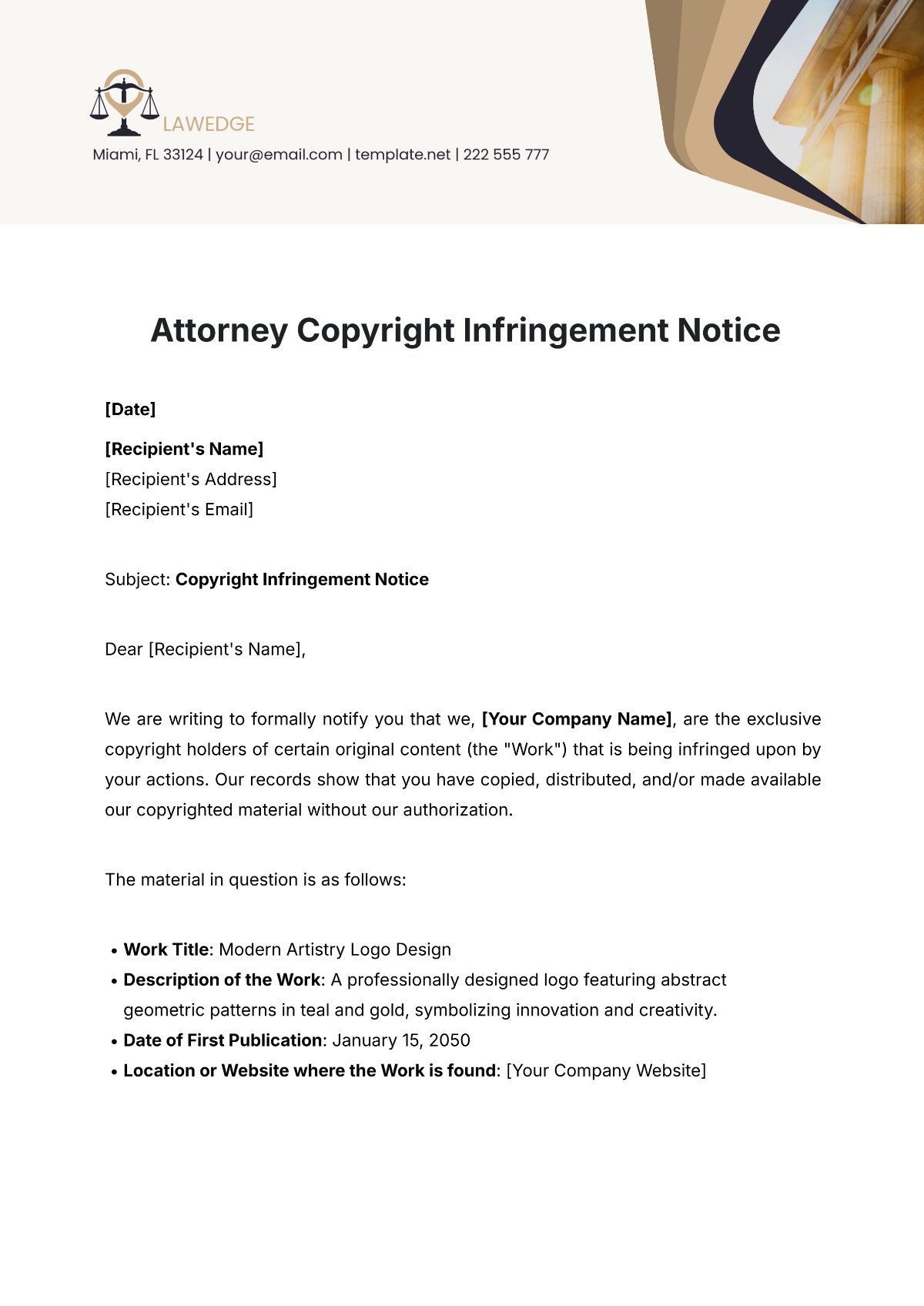 Attorney Copyright Infringement Notice Template - Edit Online & Download