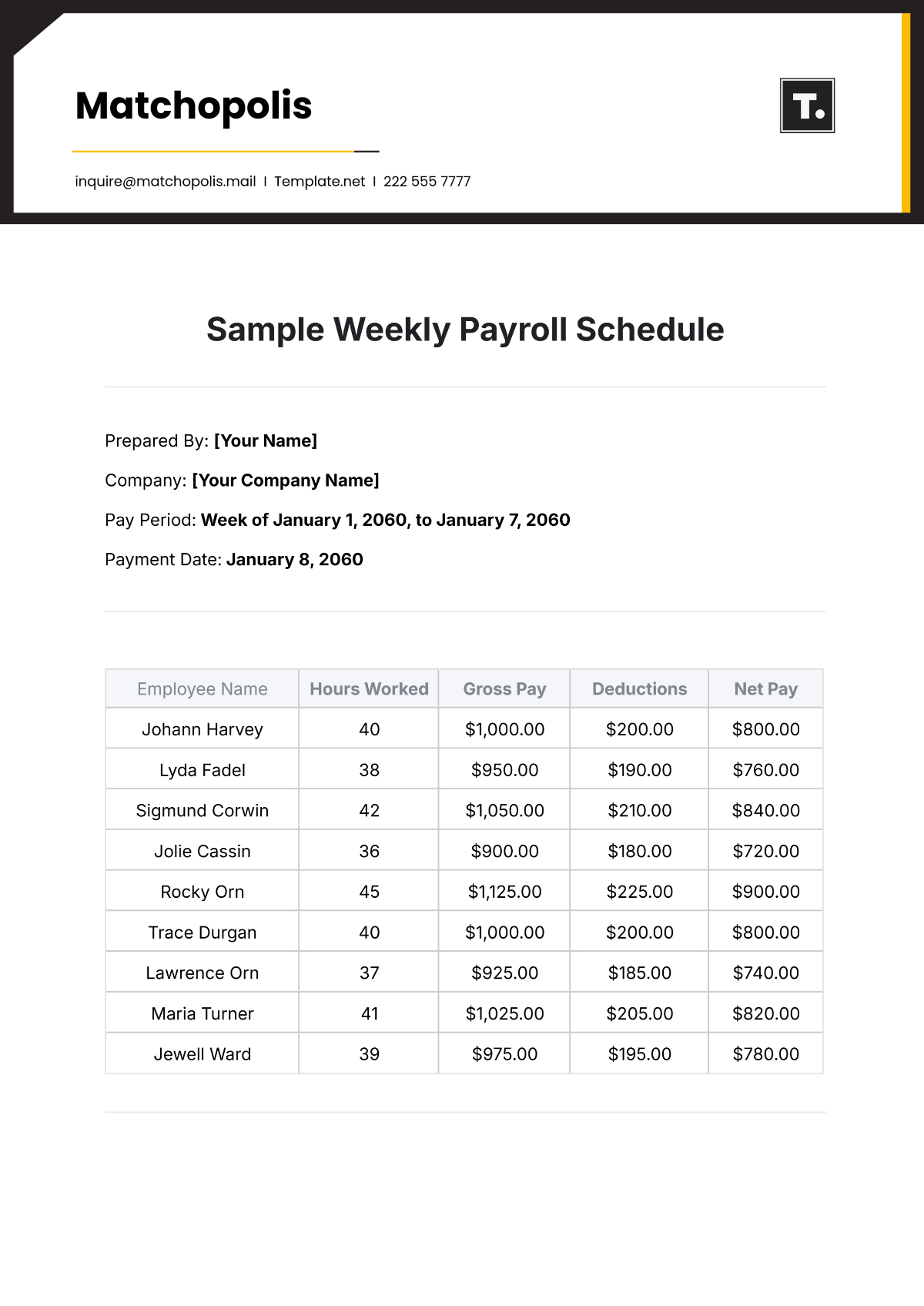 Sample Weekly Payroll Schedule Template - Edit Online & Download