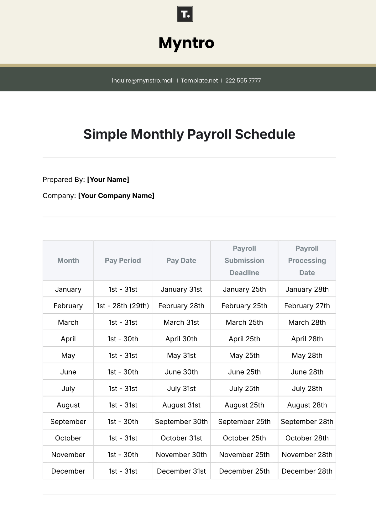 Simple Monthly Payroll Schedule Template - Edit Online & Download