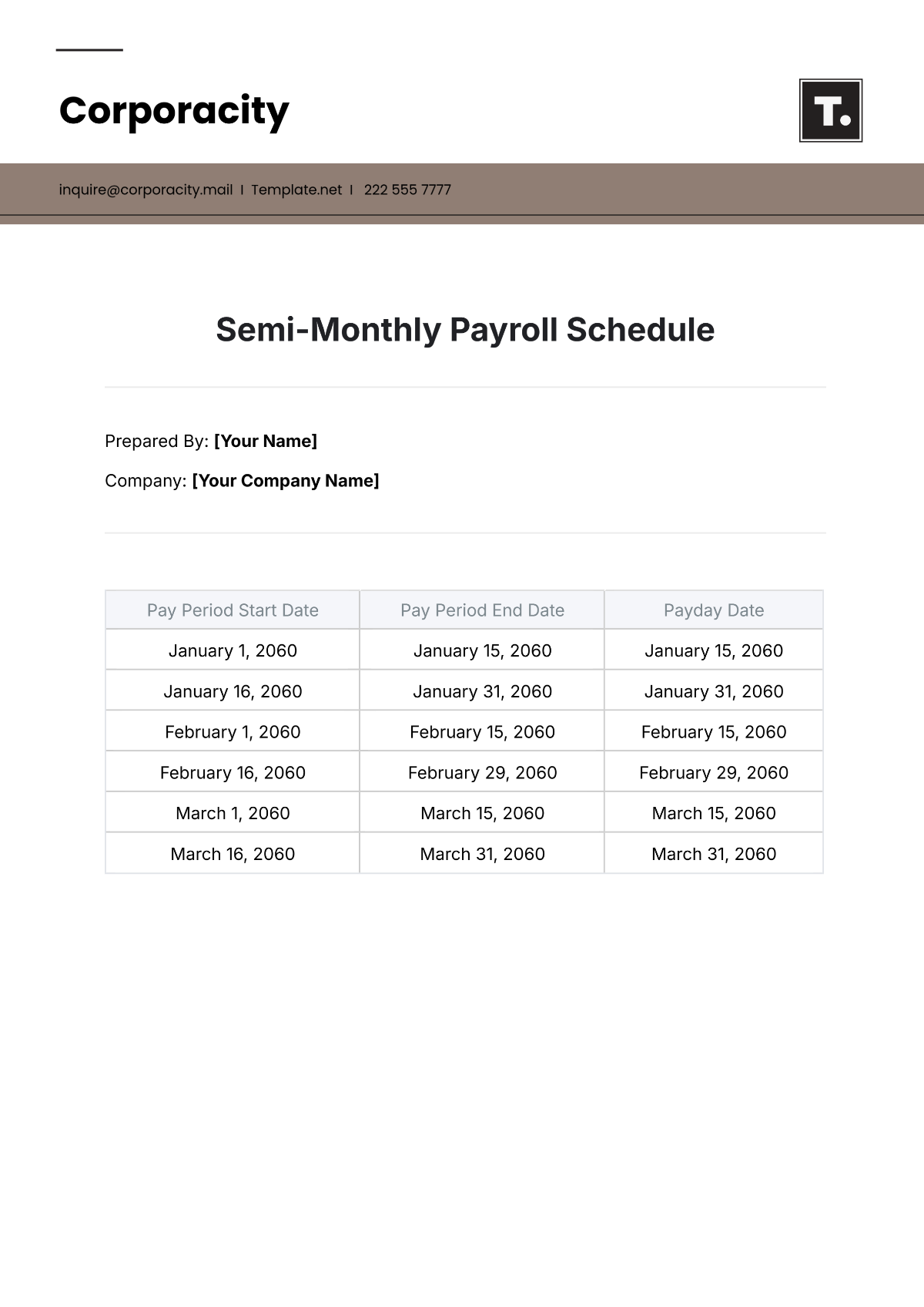 Semi-Monthly Payroll Schedule Template - Edit Online & Download