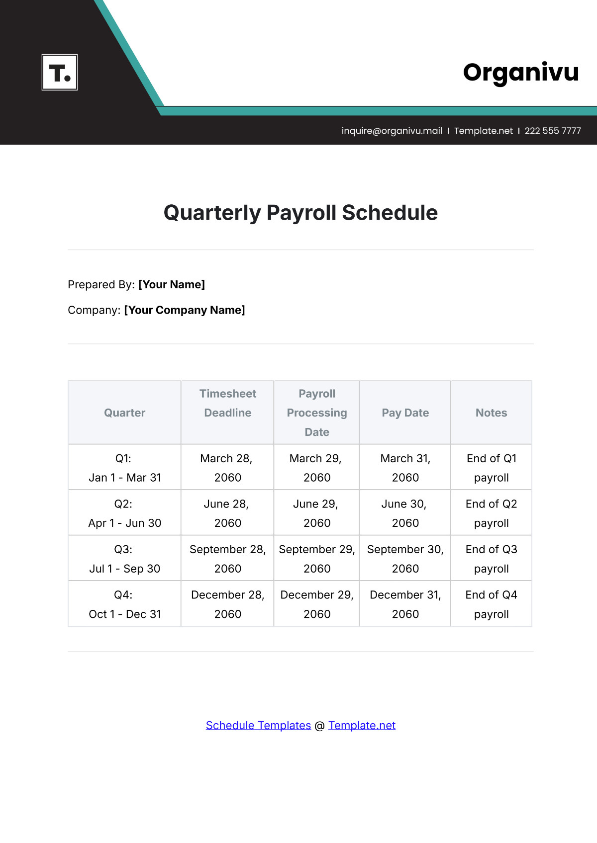 Quarterly Payroll Schedule Template - Edit Online & Download