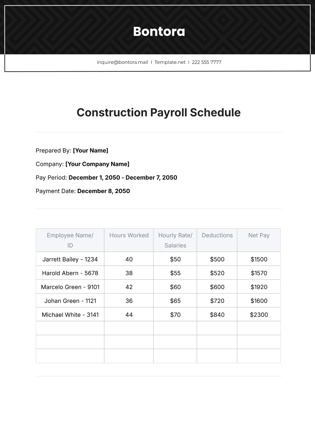 Construction Payroll Schedule Template - Edit Online & Download