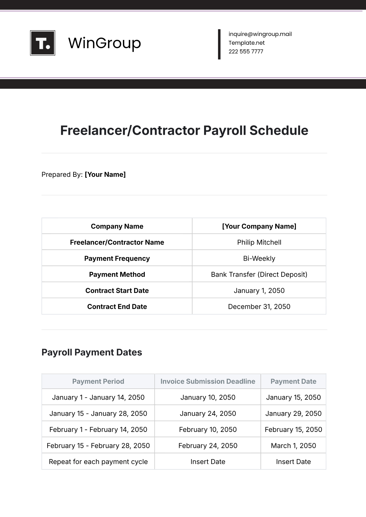 Freelancer/Contractor Payroll Schedule Template - Edit Online & Download