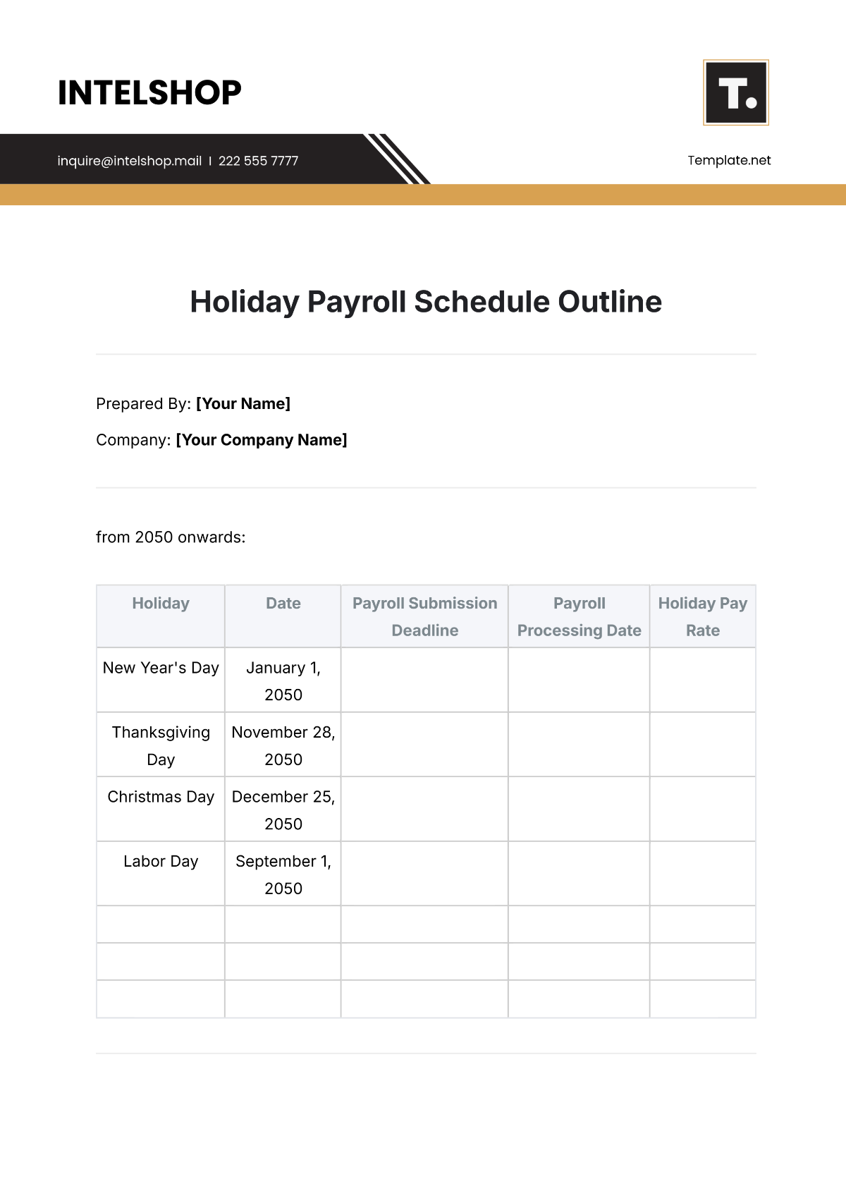 Holiday Payroll Schedule Outline Template - Edit Online & Download