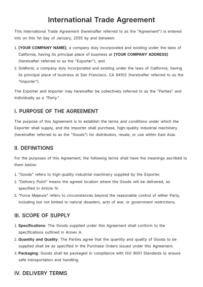 Free International Trade Agreement Template to Edit Online