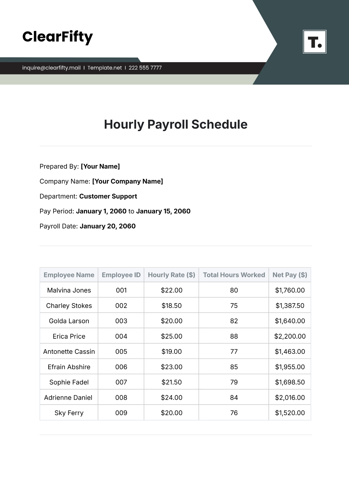 Hourly Payroll Schedule Template