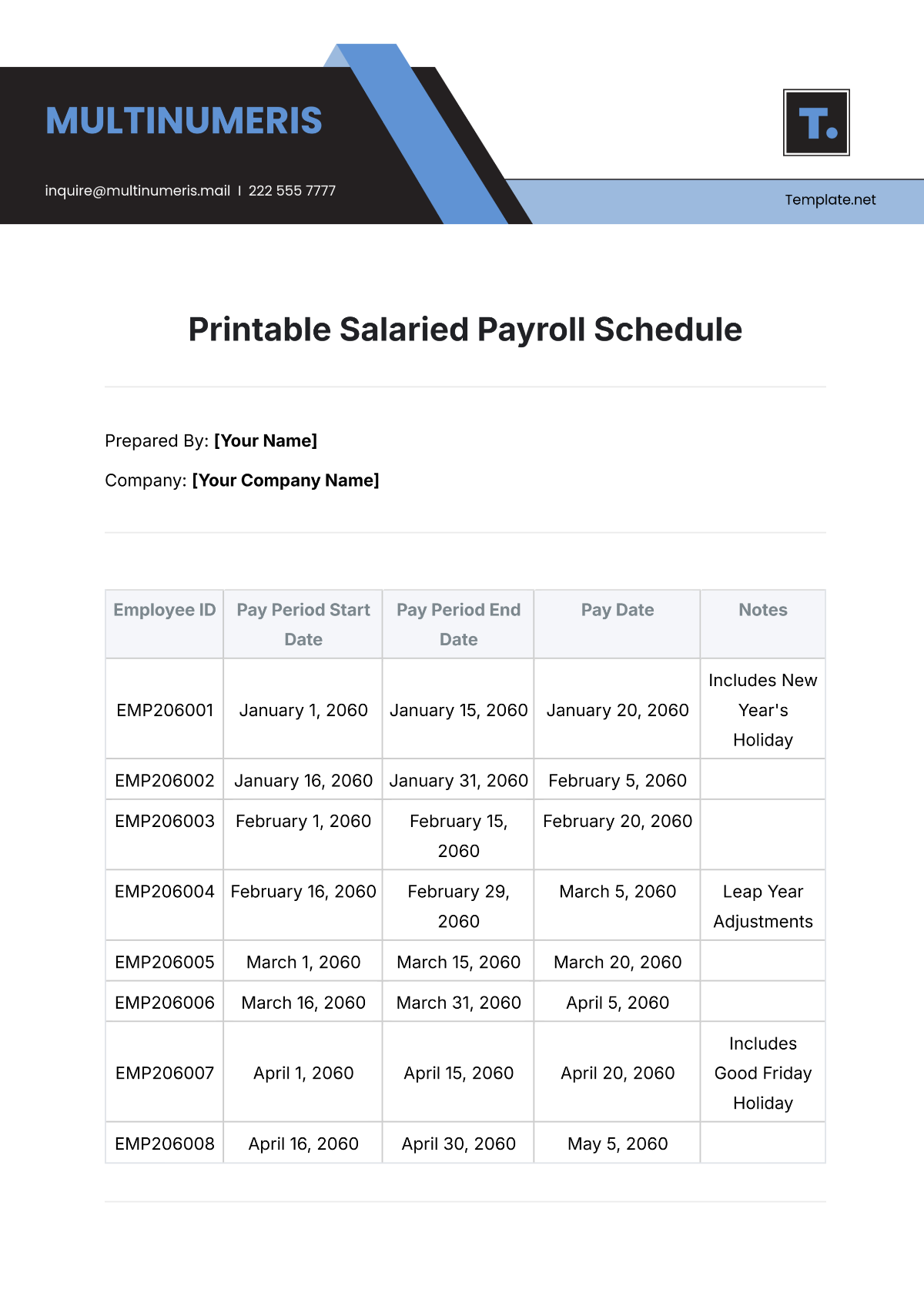 Printable Salaried Payroll Schedule Template