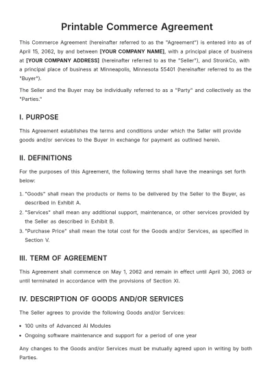 Free Printable Commerce Agreement Template to Edit Online
