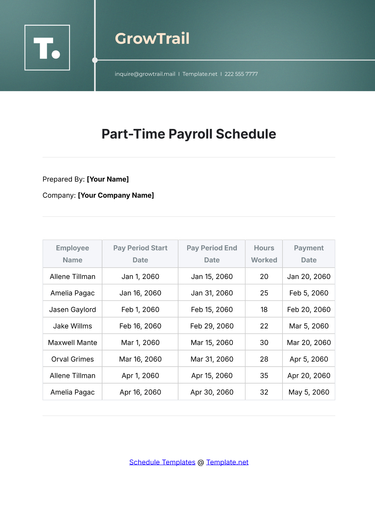 Part-Time Payroll Schedule Template