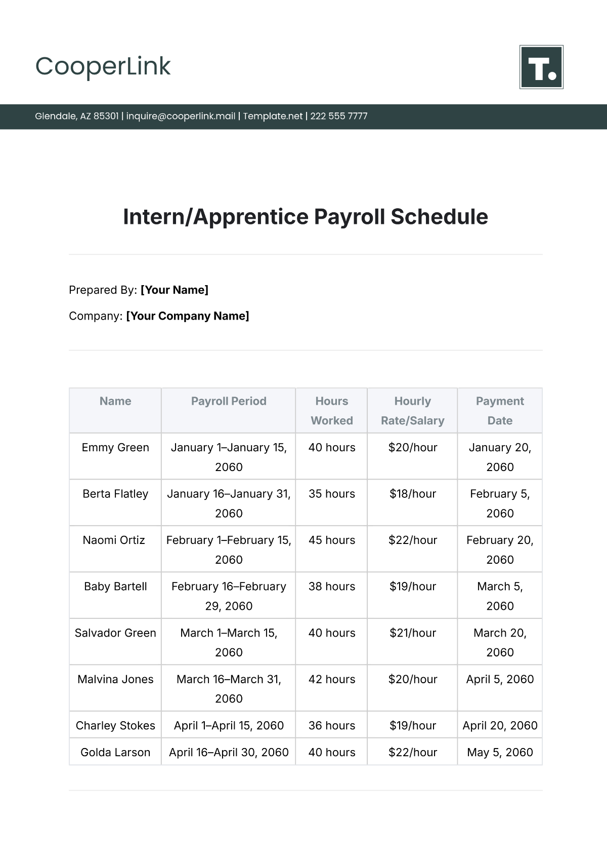 Intern/Apprentice Payroll Schedule Template - Edit Online & Download