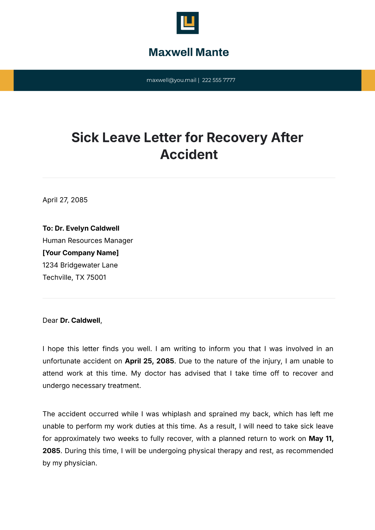 Sick Leave Letter for Recovery After Accident Template