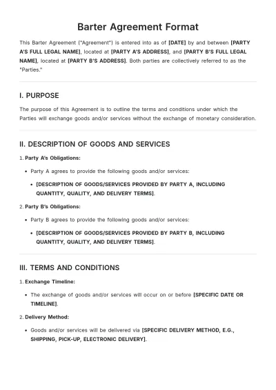 Free Barter Agreement Format Template to Edit Online