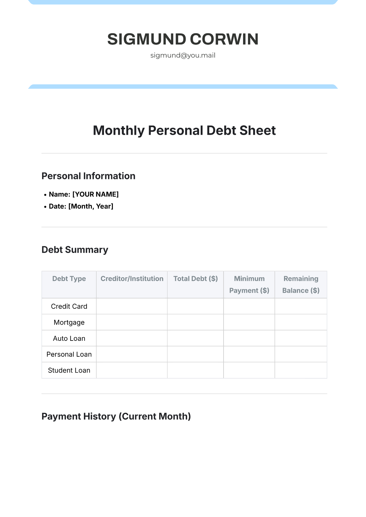 Monthly Personal Debt Sheet Template - Edit Online & Download