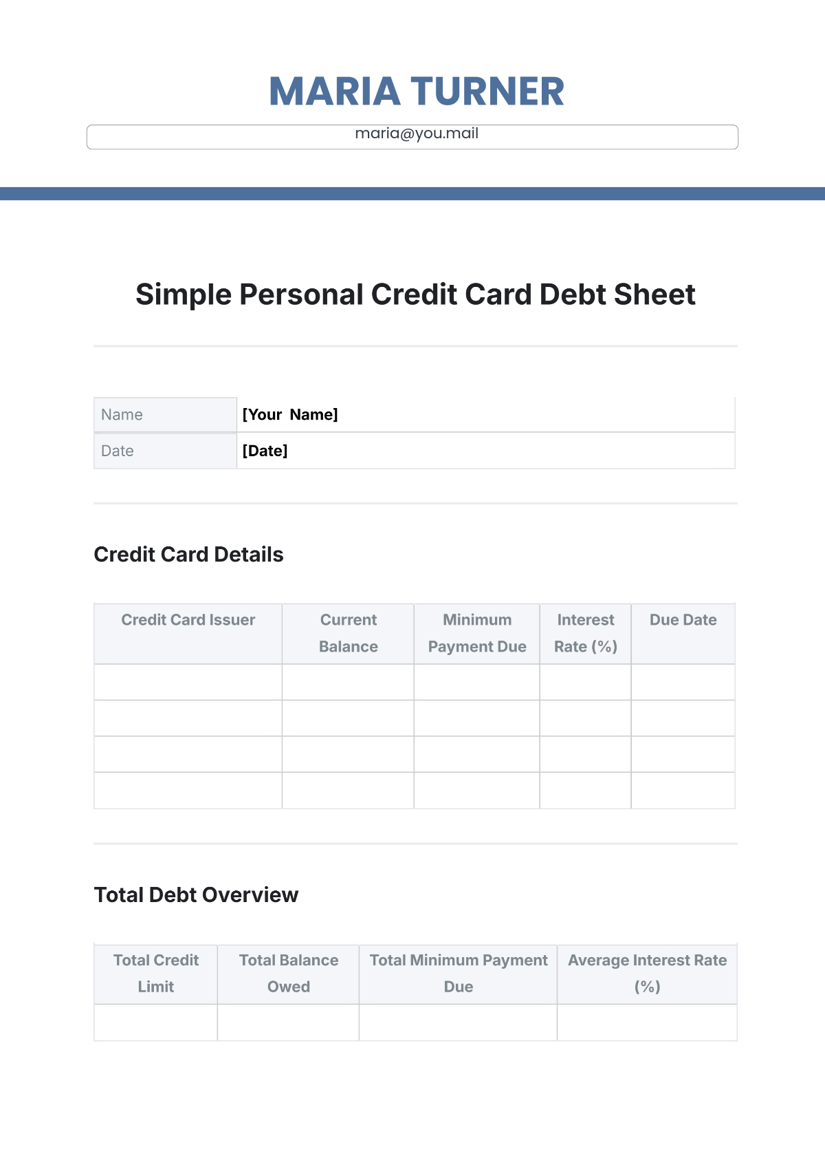 Simple Personal Credit Card Debt Sheet Template - Edit Online & Download