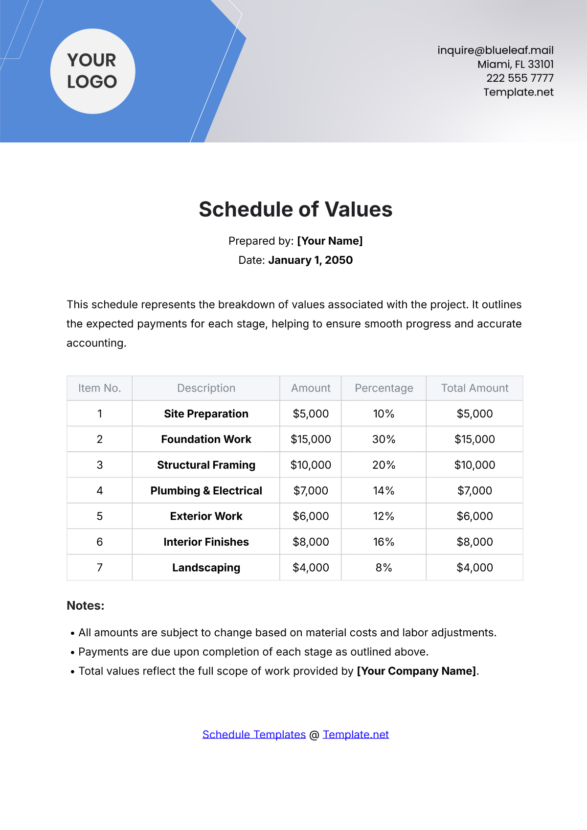 Schedule of Values Template - Edit Online & Download