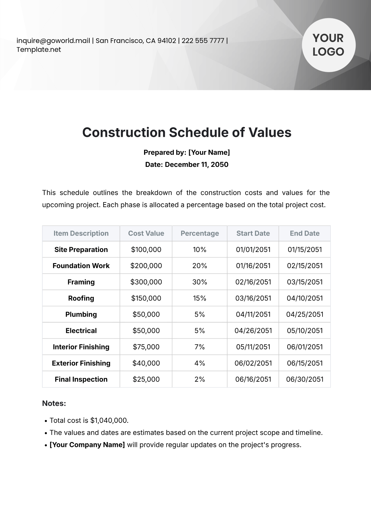 Construction Schedule of Values Template - Edit Online & Download