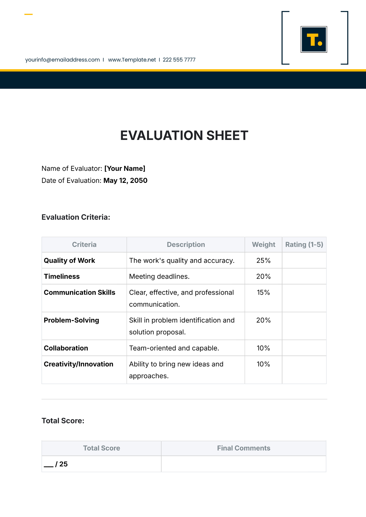 Evaluation Sheet Template - Edit Online & Download