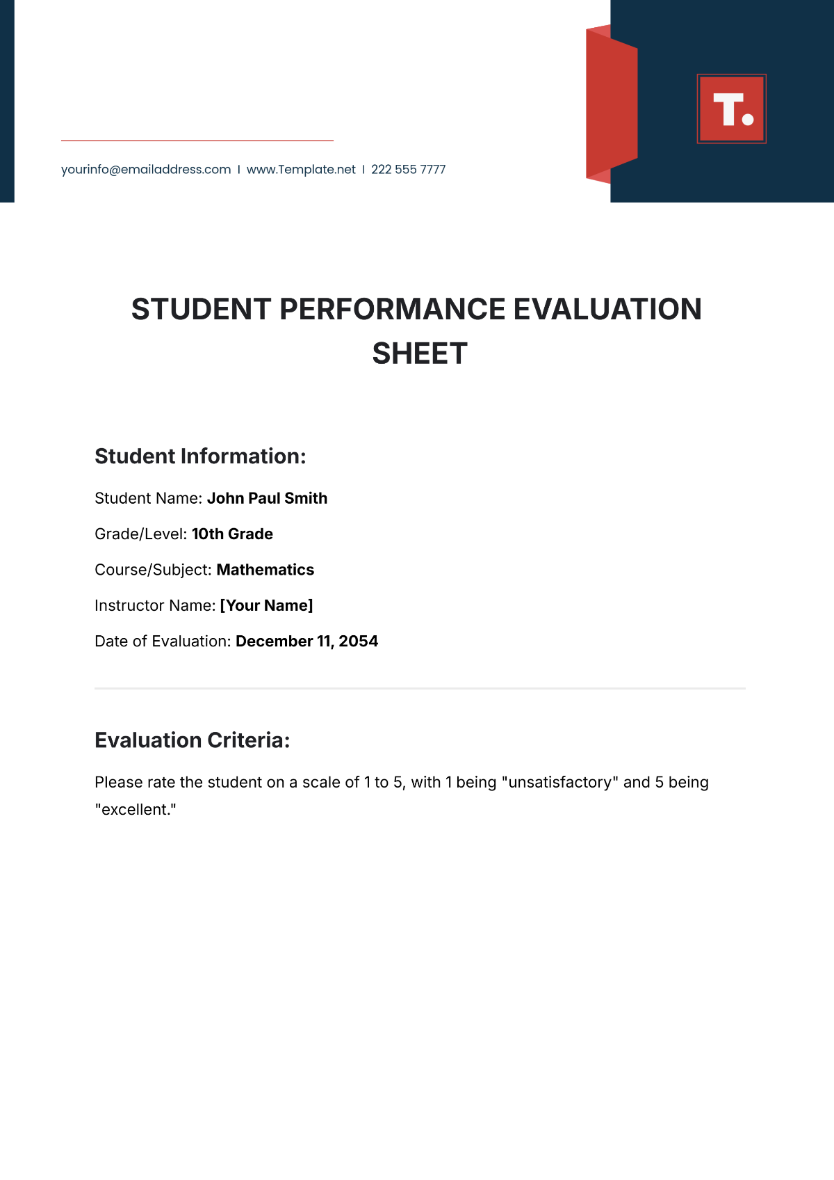 Student Performance Evaluation Sheet Template - Edit Online & Download