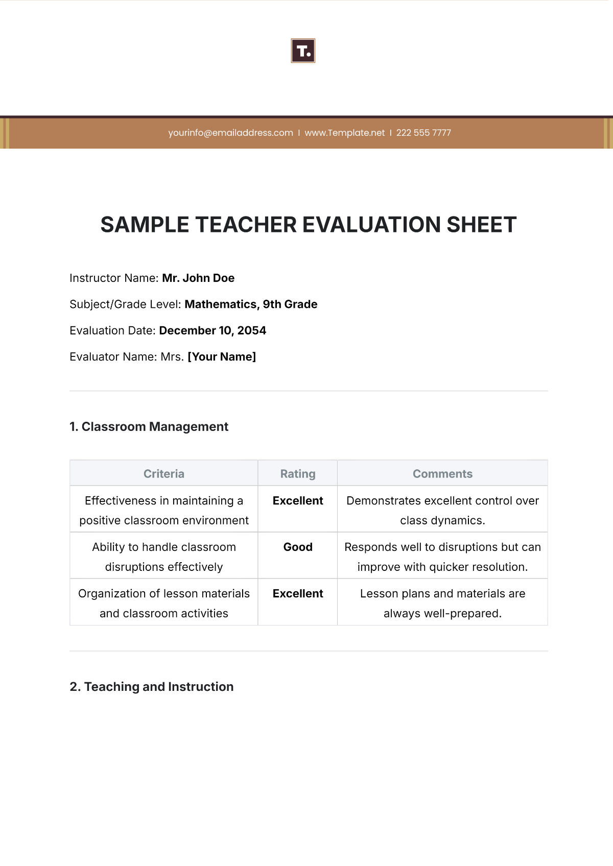 Sample Teacher Evaluation Sheet Template - Edit Online & Download