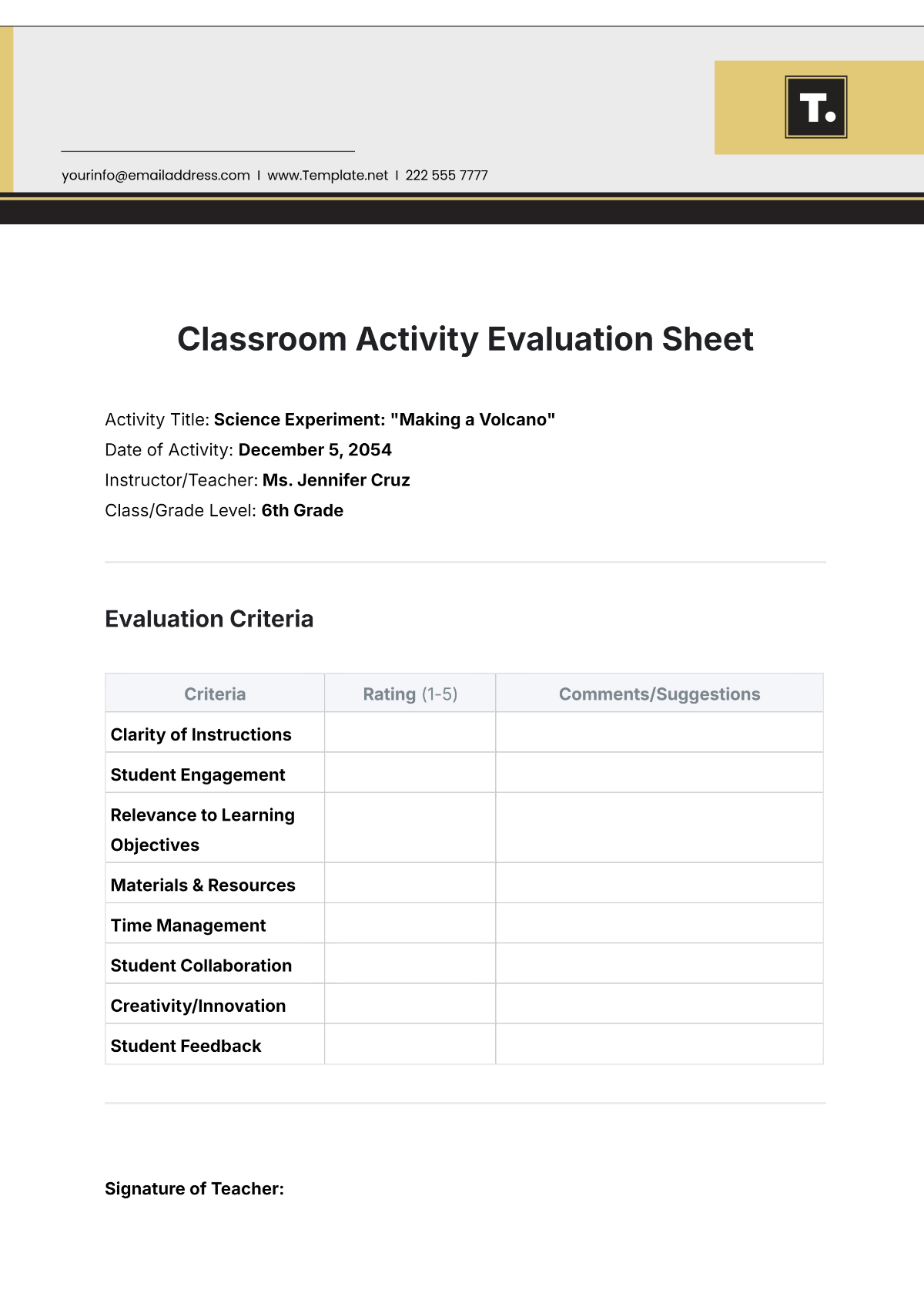 Classroom Activity Evaluation Sheet Template - Edit Online & Download