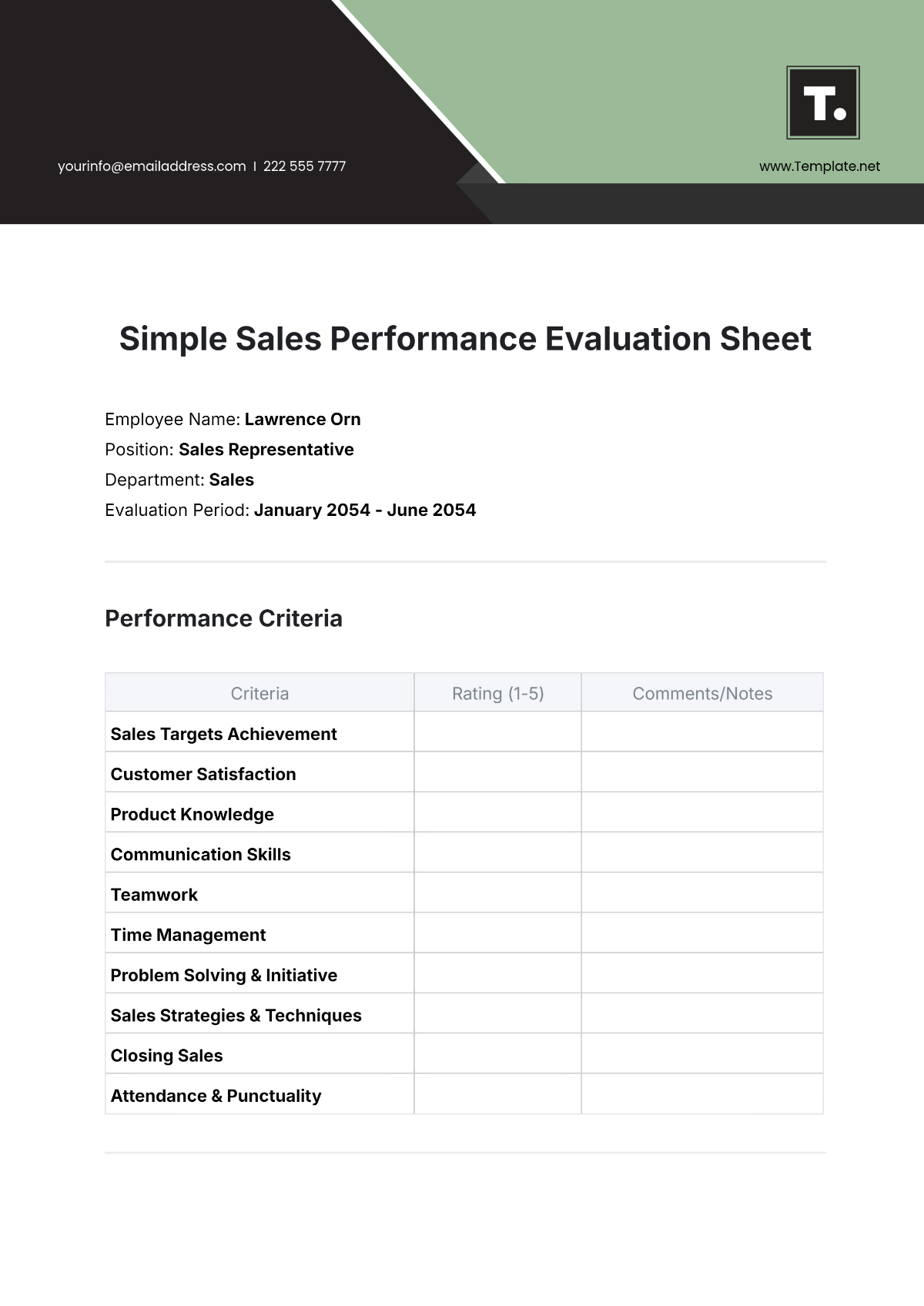 Simple Sales Performance Evaluation Sheet - Edit Online & Download