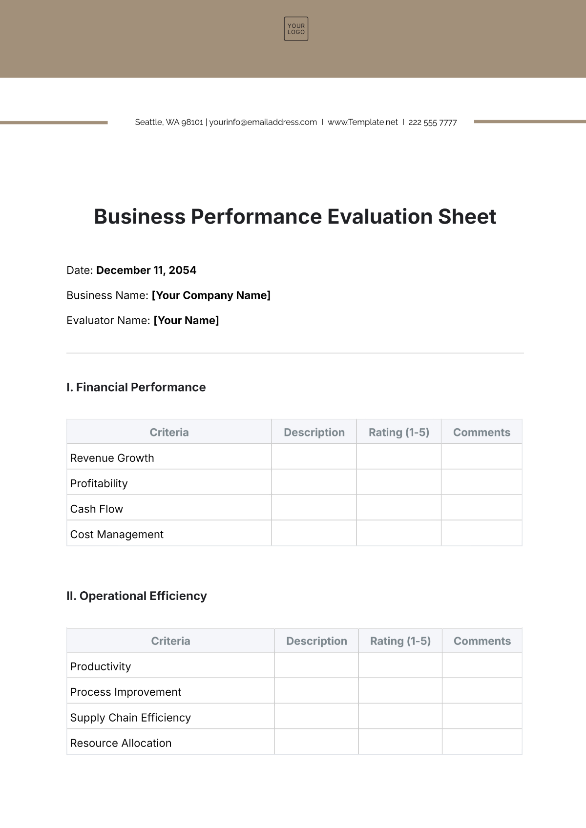 Business Performance Evaluation  Sheet Template - Edit Online & Download