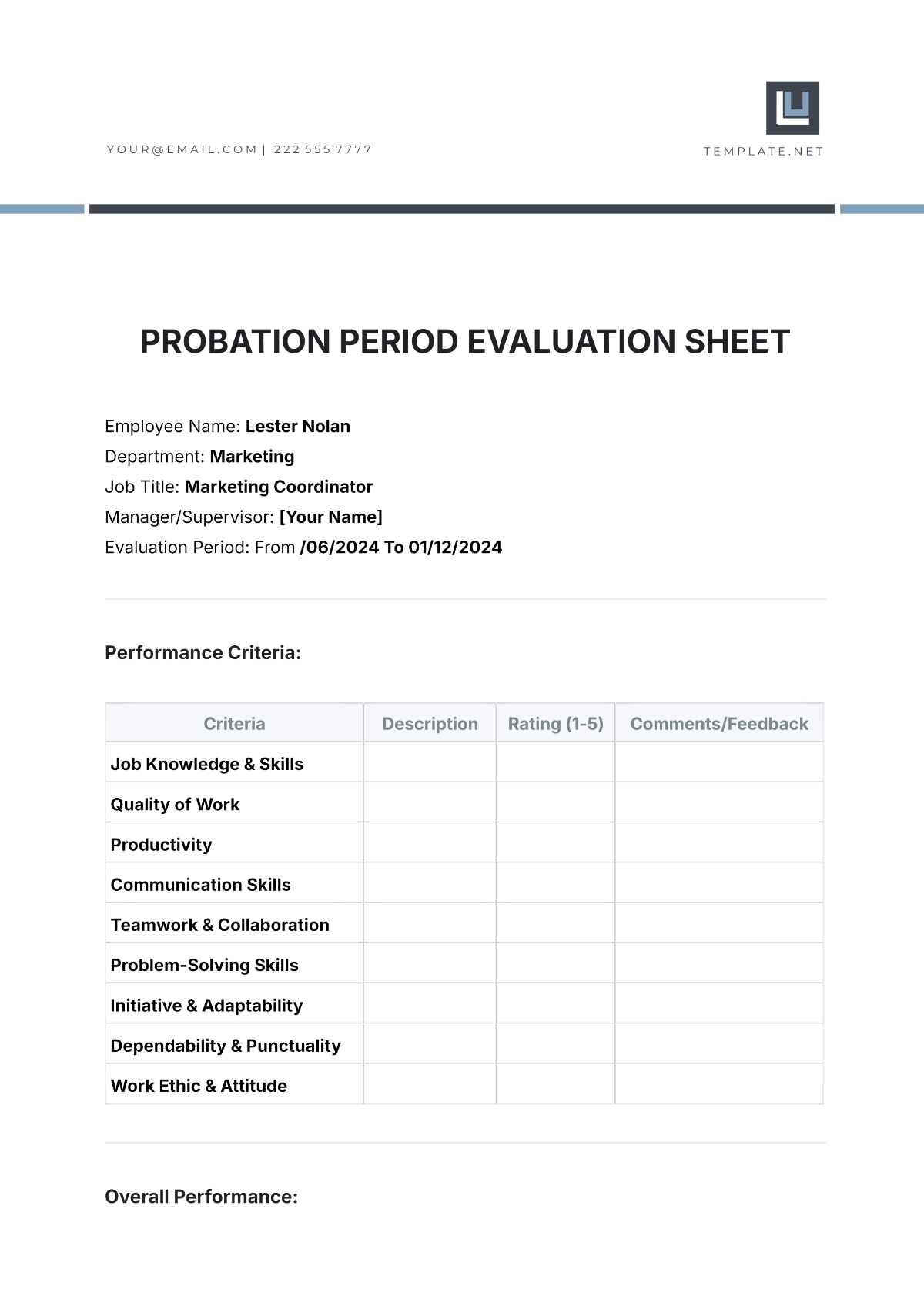 Probation Period Evaluation  Sheet Template - Edit Online & Download