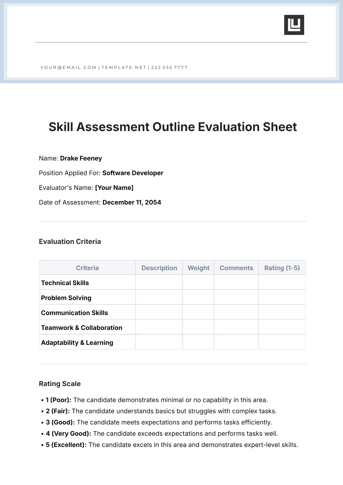 Skill Assessment Outline Evaluation  Sheet Template - Edit Online & Download