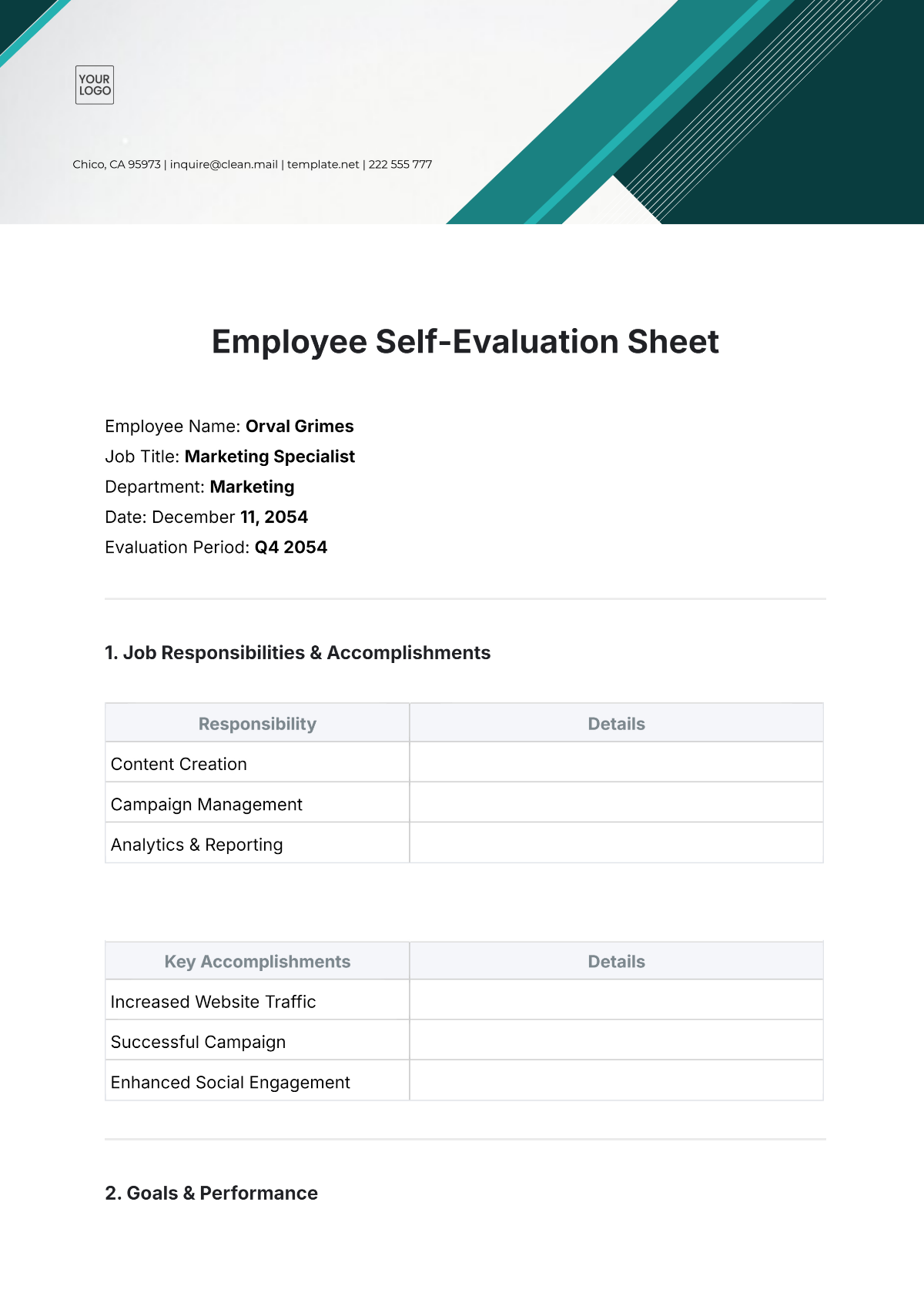 Employee Self-Evaluation  Sheet Template