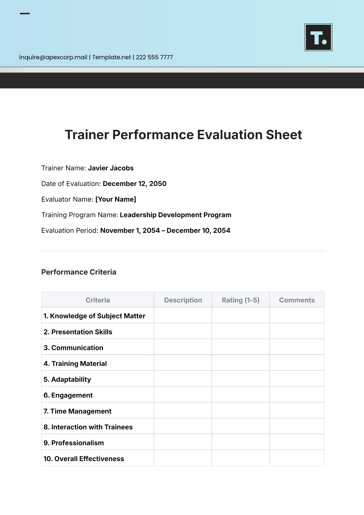 Trainer Performance Evaluation Sheet Template