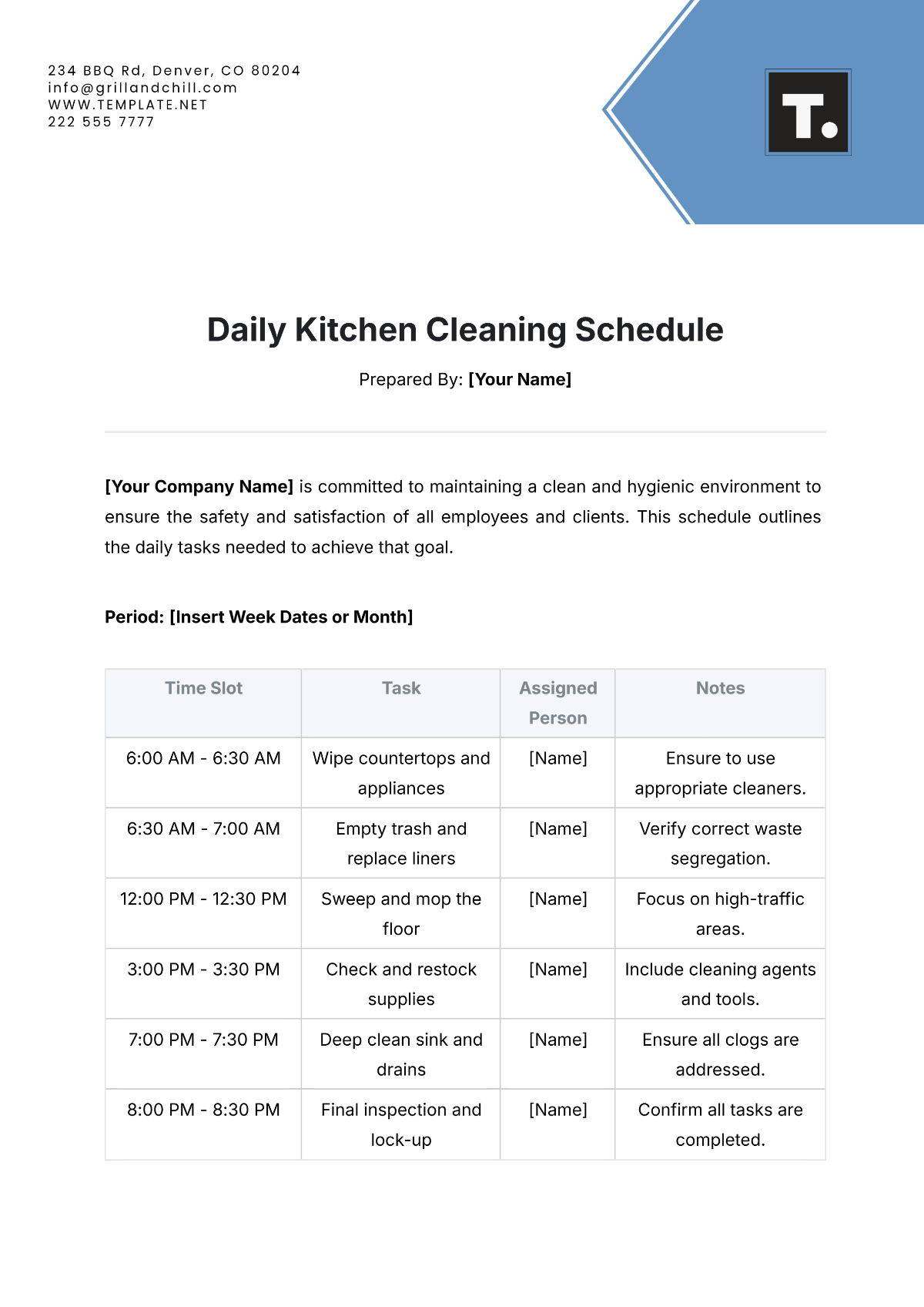 Daily Kitchen Cleaning Schedule Template