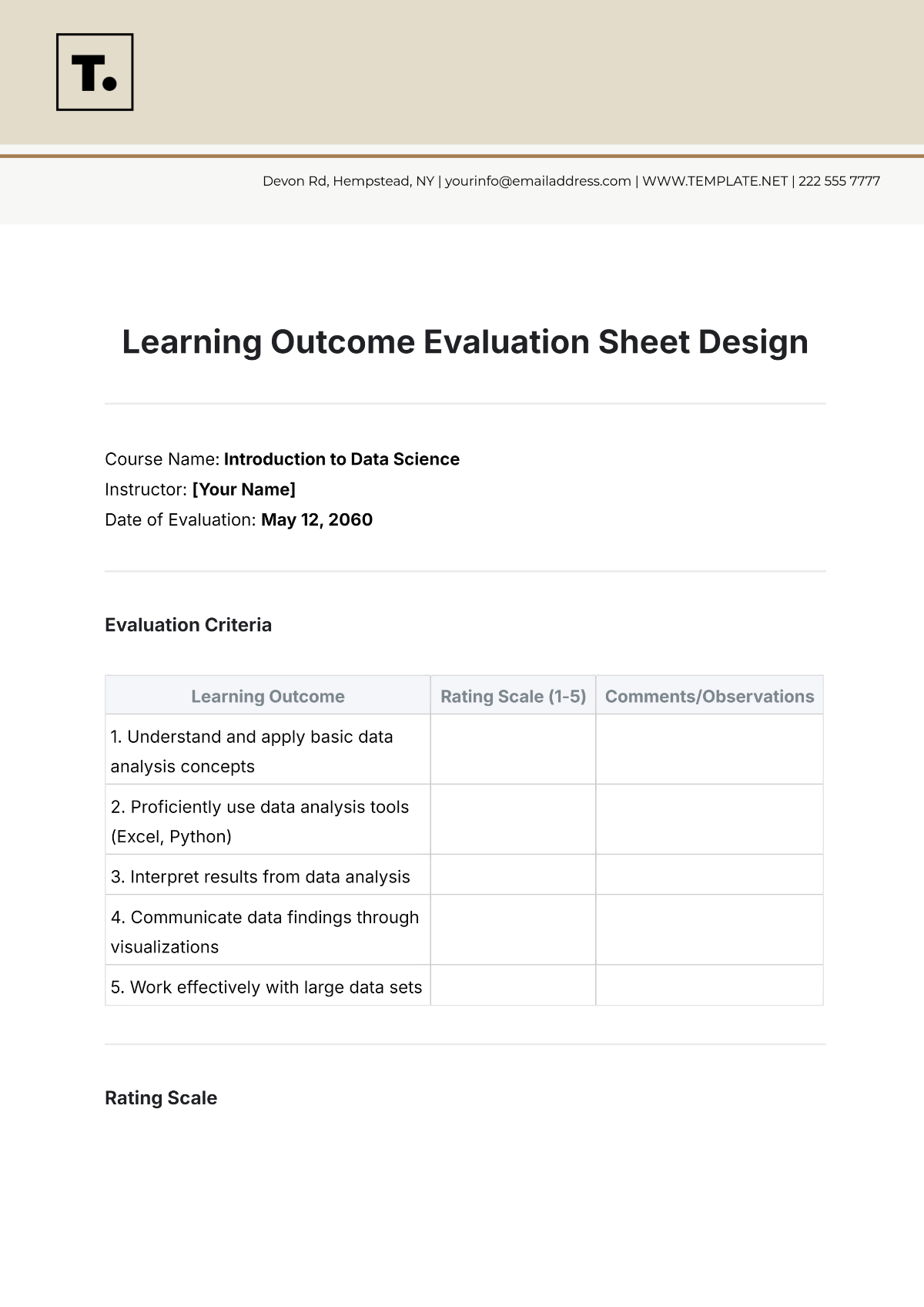 Learning Outcome Evaluation Sheet Design Template