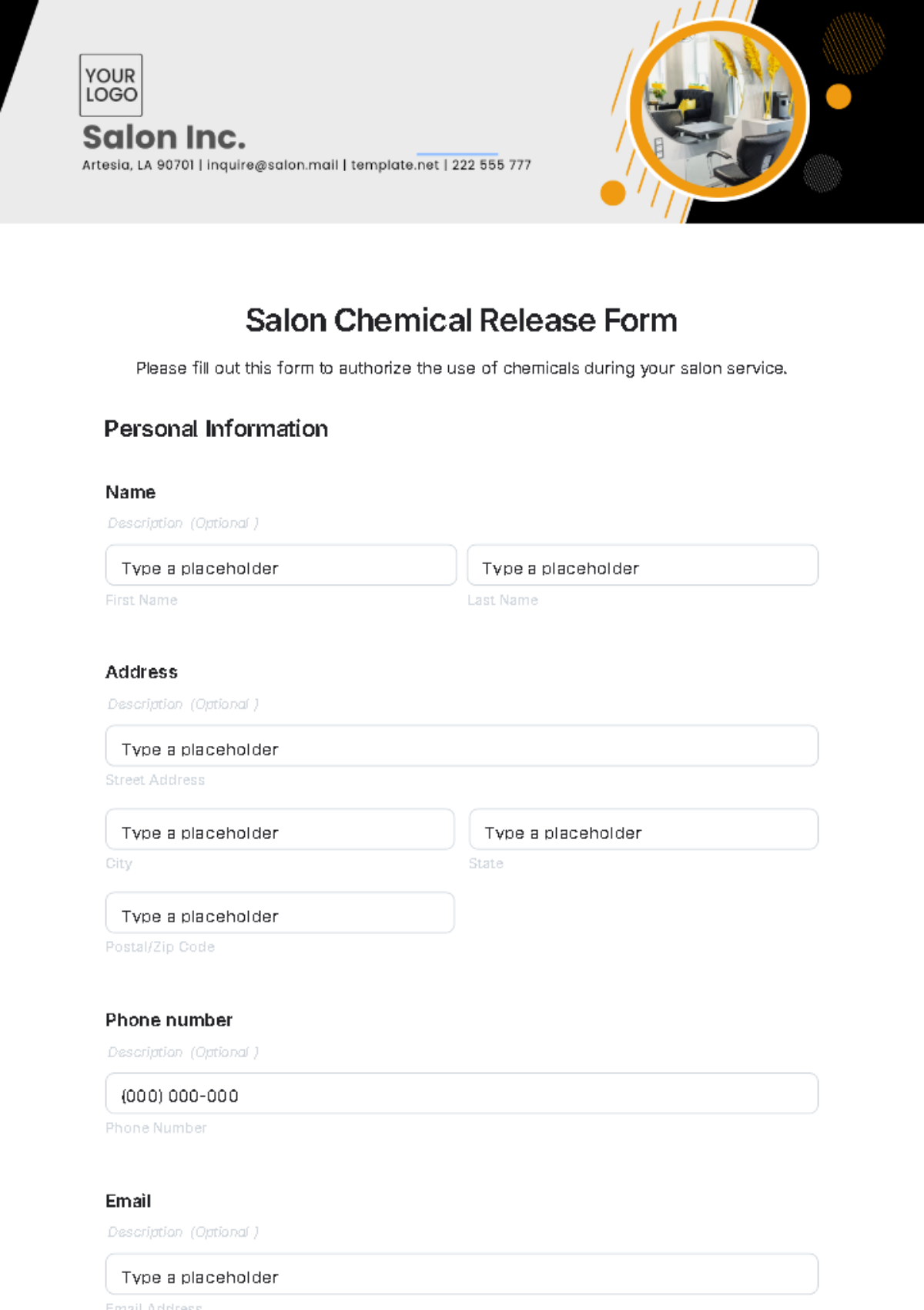 Salon Chemical Release Form Template - Edit Online & Download