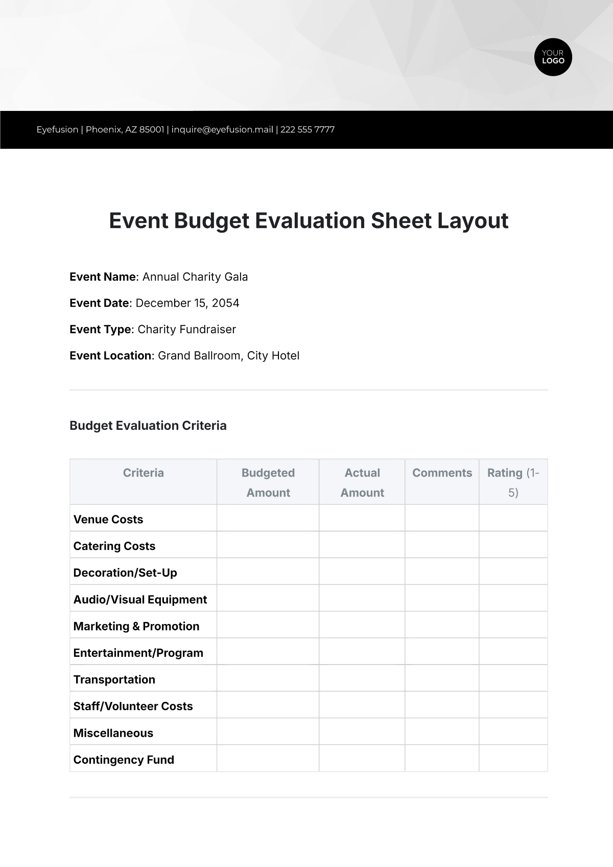 Event Budget Evaluation Sheet Layout Template - Edit Online & Download