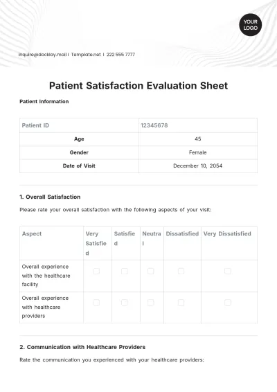 Free Patient Satisfaction Evaluation Sheet Template to Edit Online
