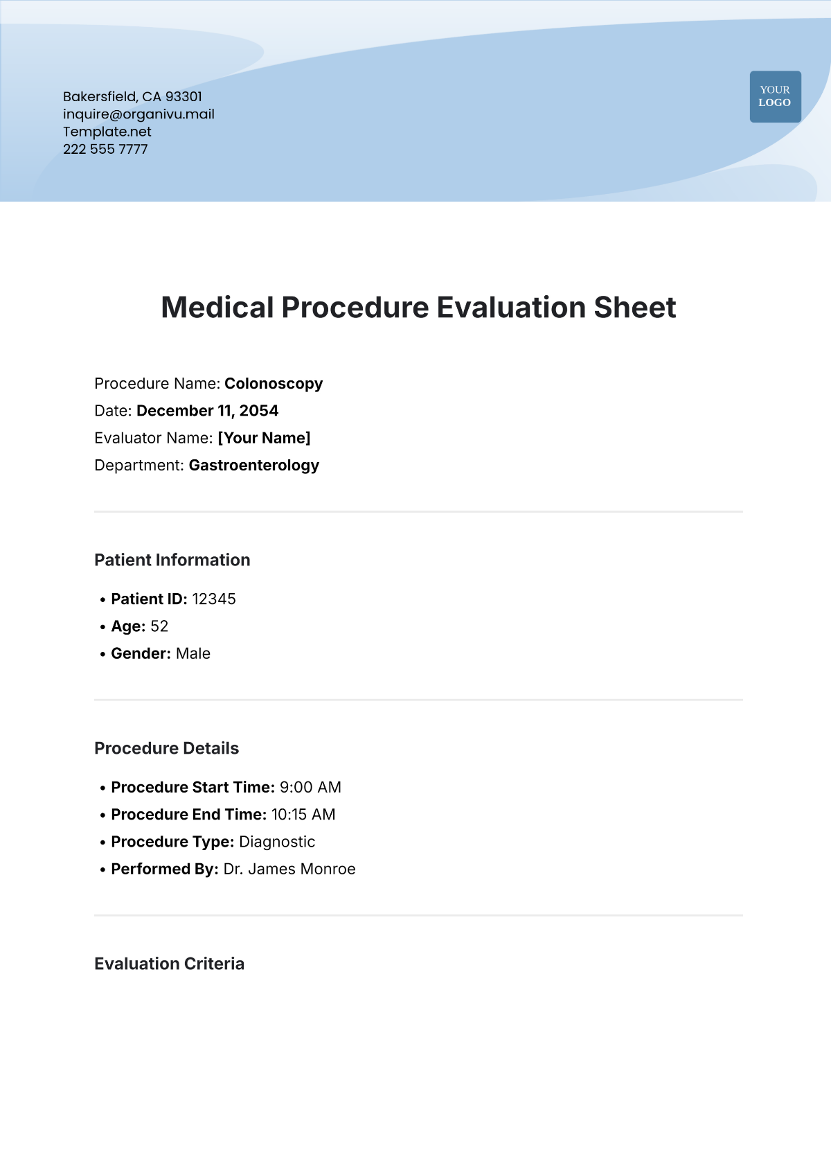 Medical Procedure  Evaluation Sheet Template - Edit Online & Download