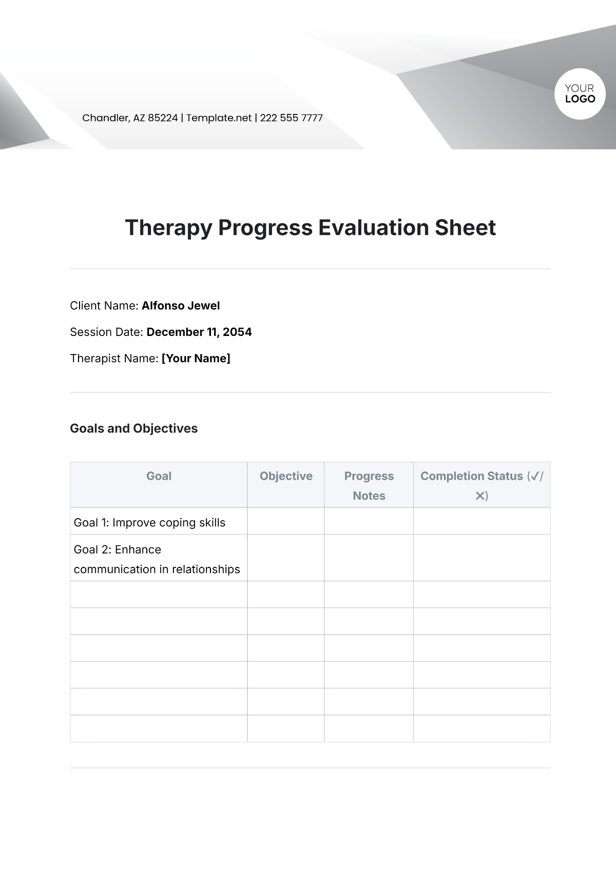 Therapy Progress  Evaluation Sheet Template - Edit Online & Download