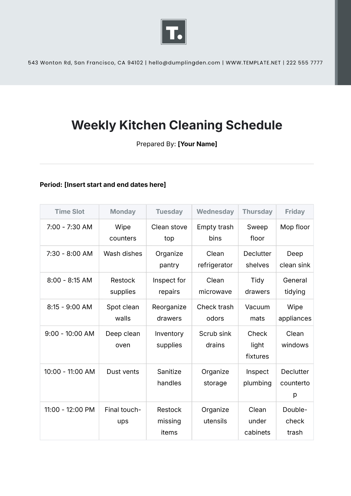 Weekly Kitchen Cleaning Schedule Template - Edit Online & Download