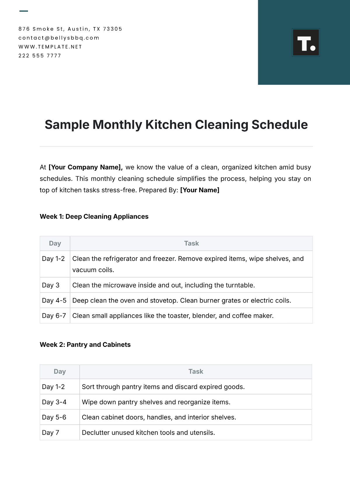 Sample Monthly Kitchen Cleaning Schedule Template - Edit Online & Download