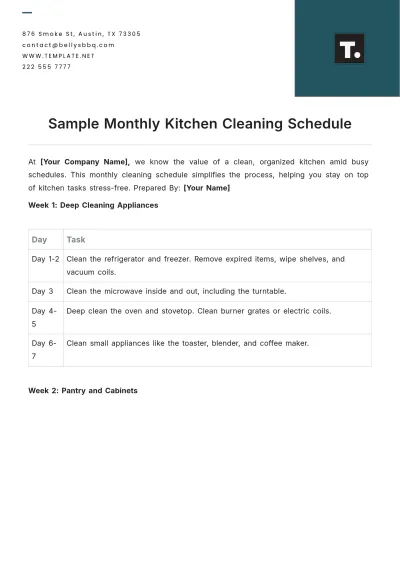 Free Sample Monthly Kitchen Cleaning Schedule Template to Edit Online