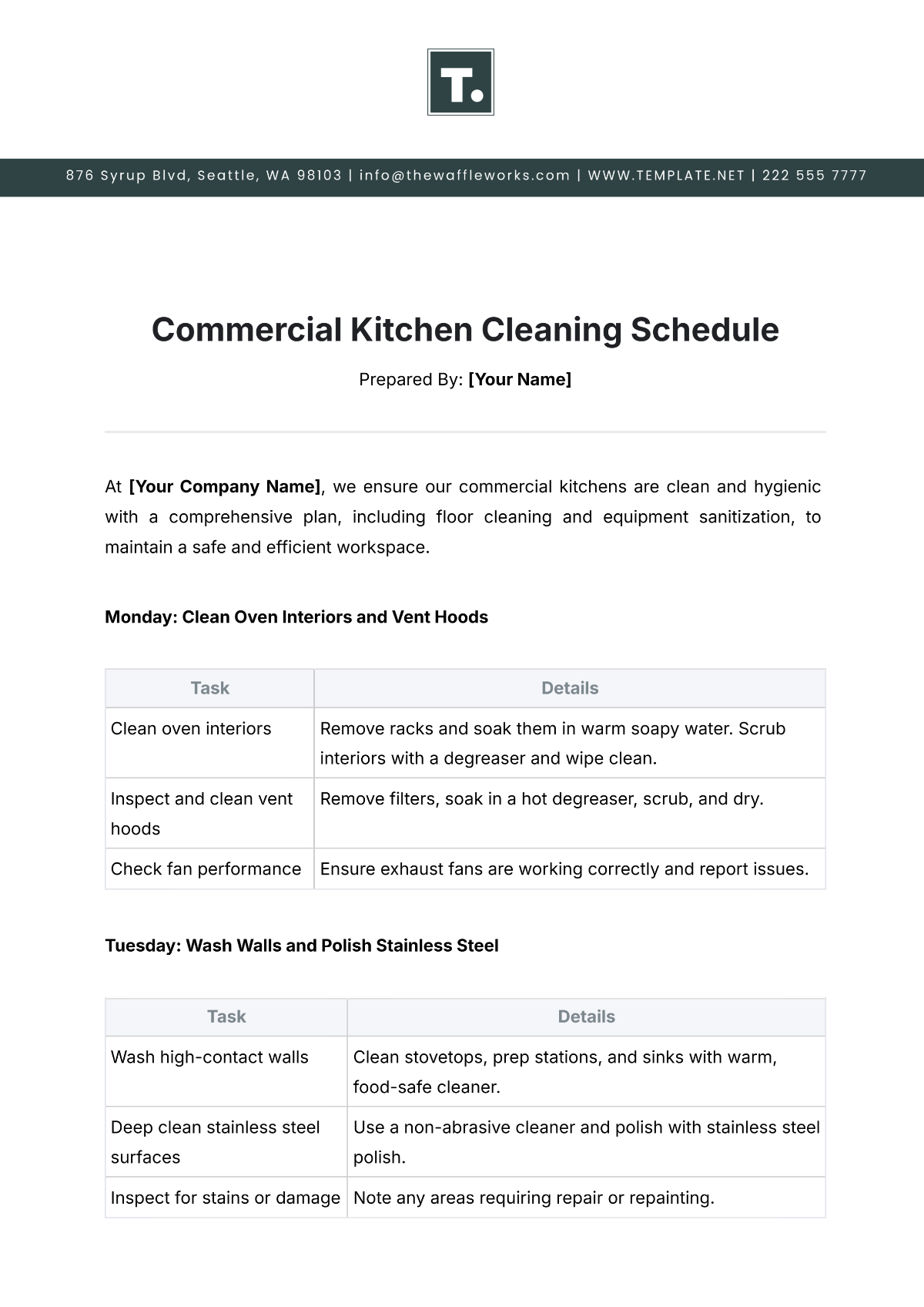 Commercial Kitchen Cleaning Schedule Template - Edit Online & Download