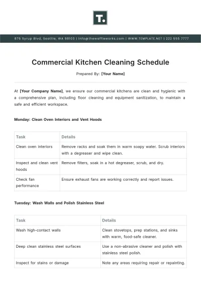 Free Commercial Kitchen Cleaning Schedule Template to Edit Online