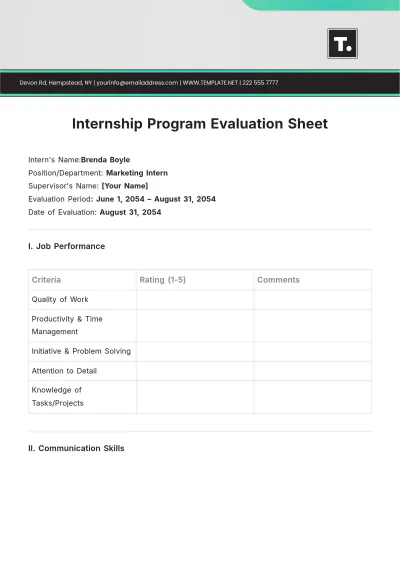 Free Internship Program Evaluation Sheet Template to Edit Online