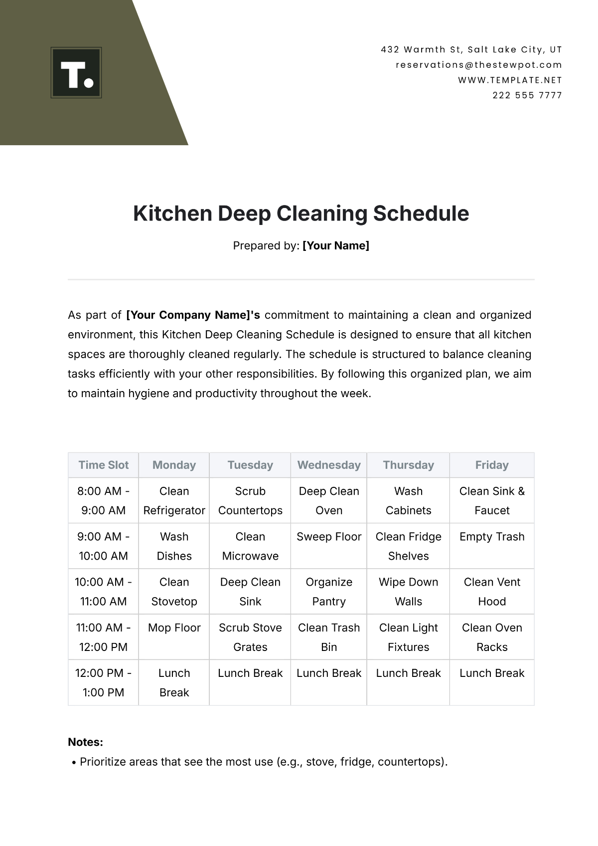 Kitchen Deep Cleaning Schedule Template - Edit Online & Download