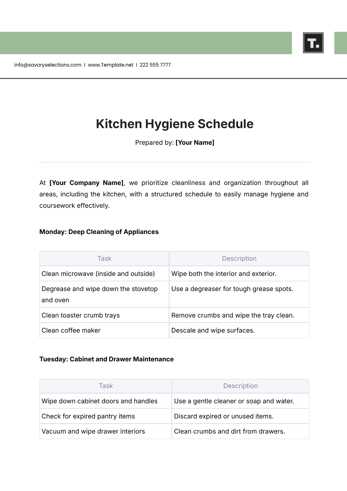 Kitchen Hygiene Schedule Template - Edit Online & Download