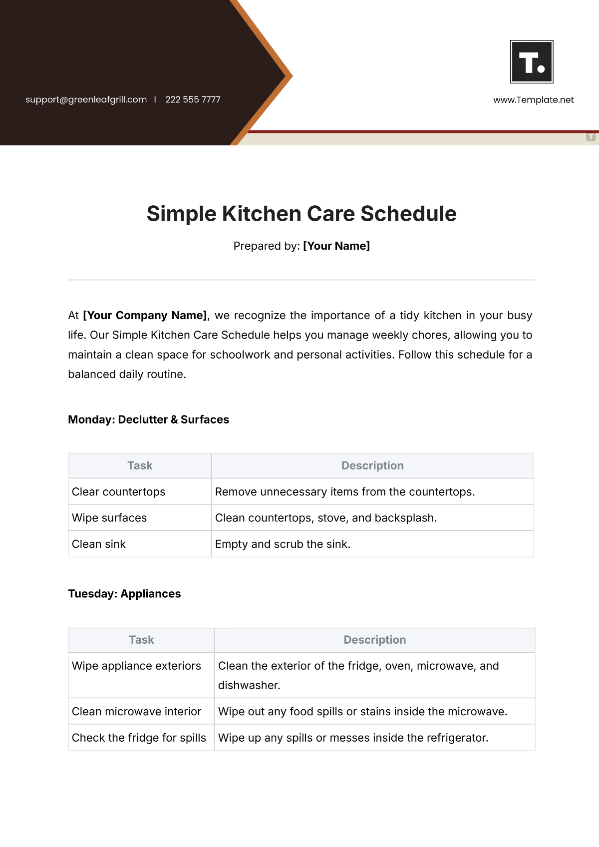 Simple Kitchen Care Schedule Template - Edit Online & Download