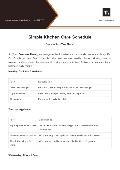 Free Simple Kitchen Care Schedule Template to Edit Online