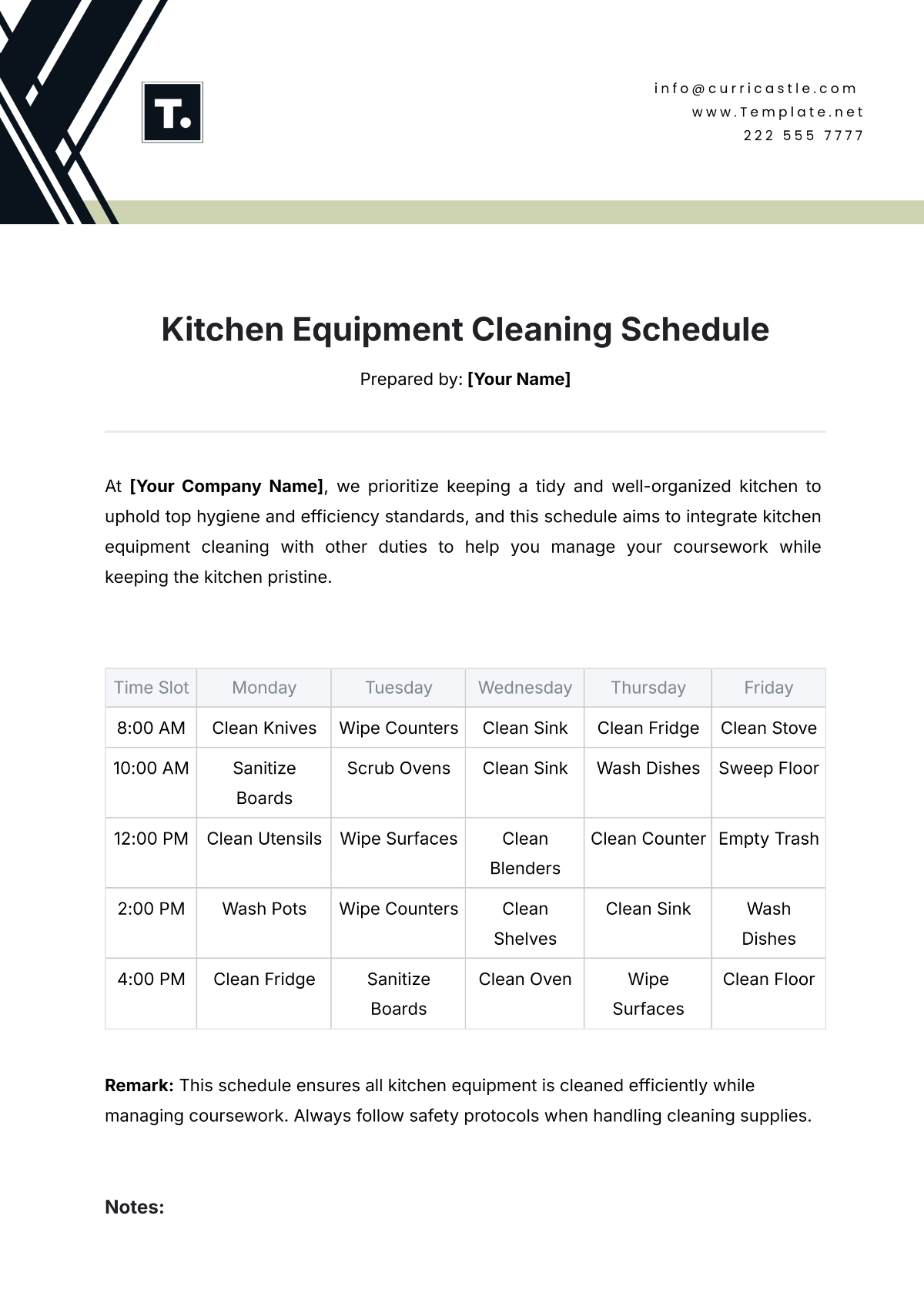 Kitchen Equipment Cleaning Schedule Template - Edit Online & Download